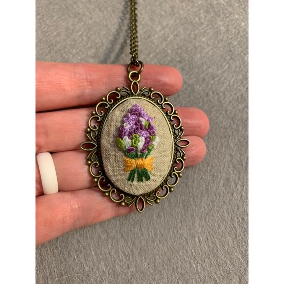 Lavender Bouquet Flower Embroidery Necklace, Handmade Pendant - Picture 4 of 7